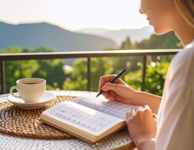Jouer aux mots croisés sur le balcon